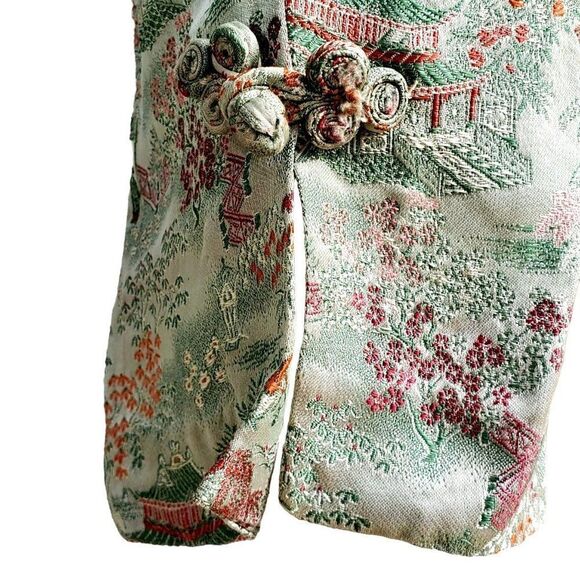 Vintage 70s Cropped Pants 4 Chinese Capri Pedal Pusher Brocade Green - Picture 4 of 10